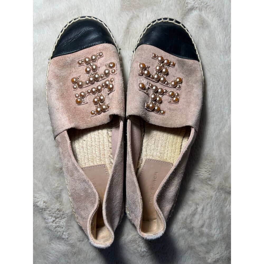 Tory Burch Pink Suede Espadrille Flats W/ Pearl Logo & Black Toe Cap